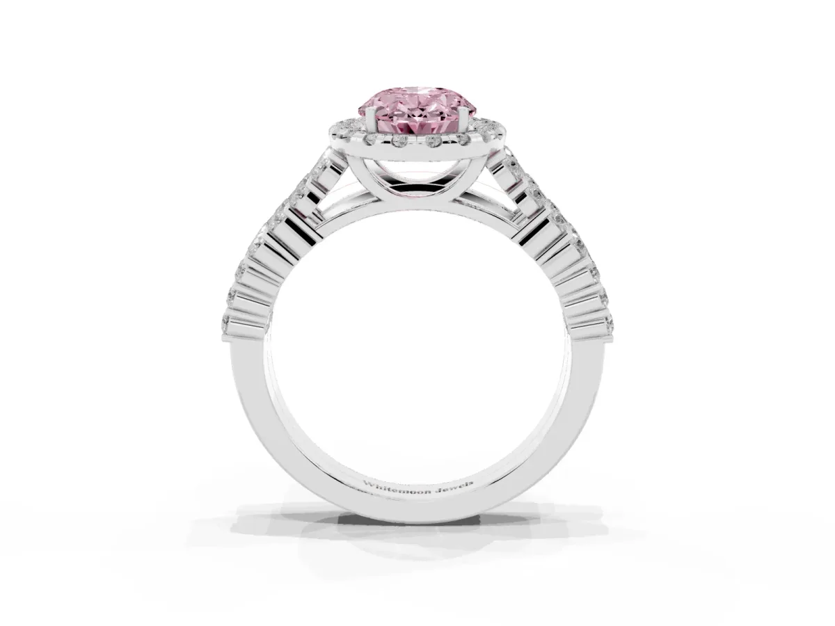 Fancy Pink Oval Cut Diamond Halo Engagement Ring with Triple Row Round Pavé Band and Prong Setting Platinum