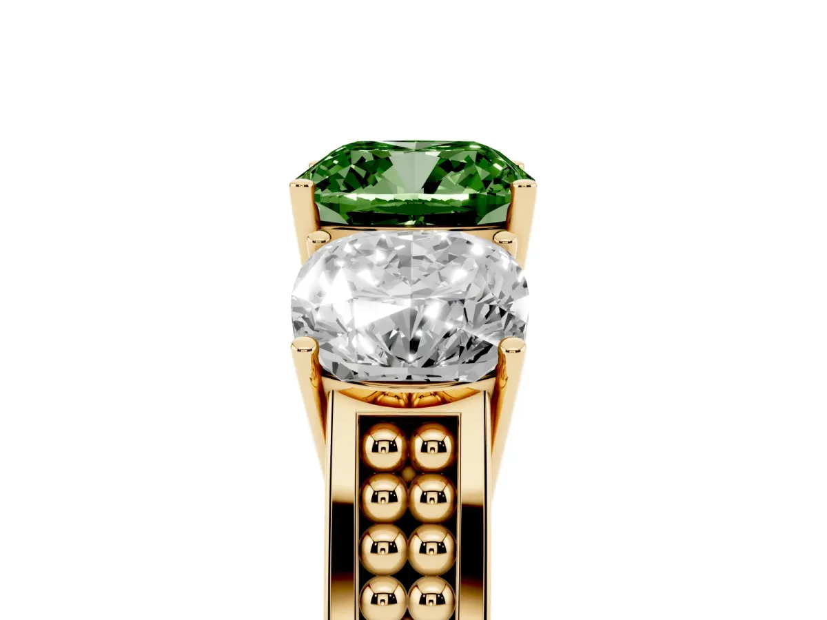 Fancy Green Cushion Cut Diamond Three-Stone Ring with Prong Setting and Textured Band Yellow gold