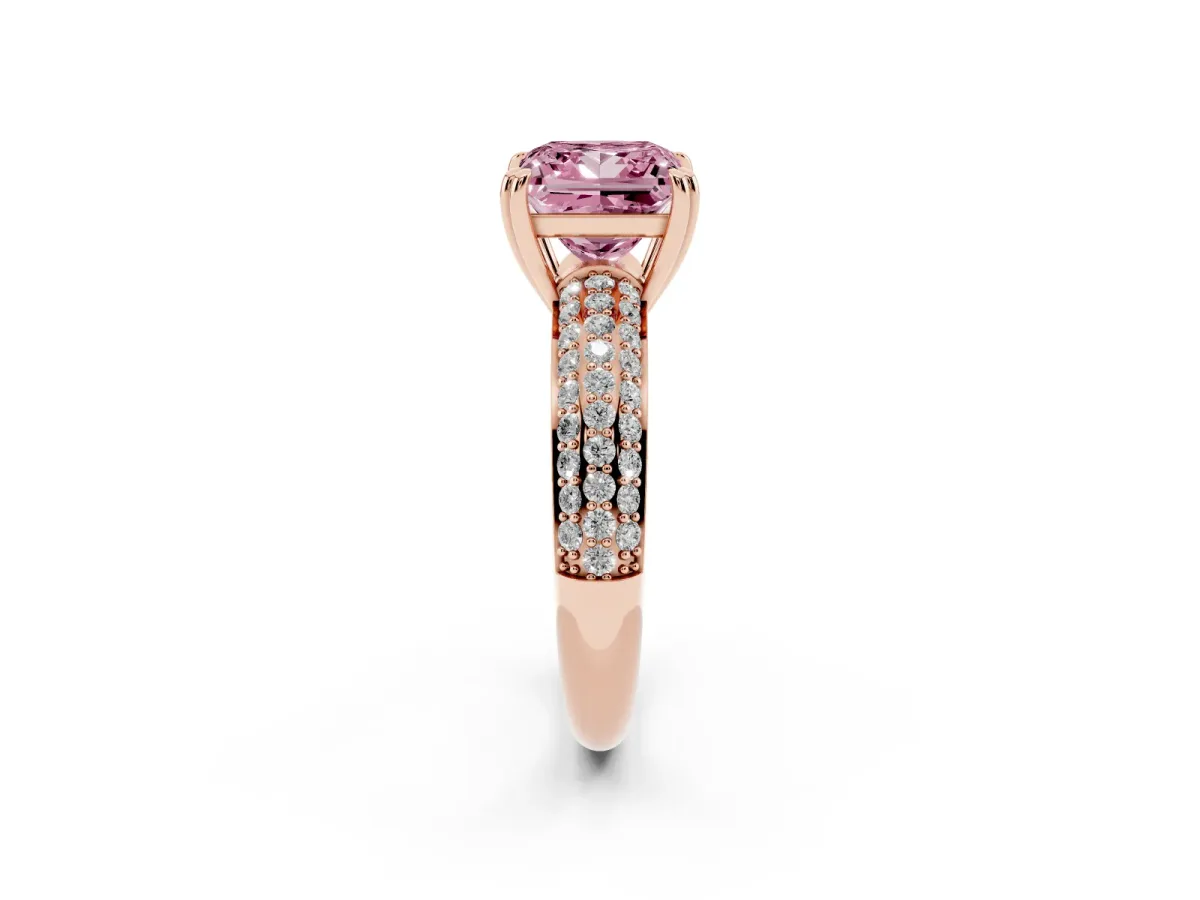 Fancy Pink Princess Cut Diamond Solitaire Ring with Multi-Row Round Pavé Band and Prong Setting Rose gold