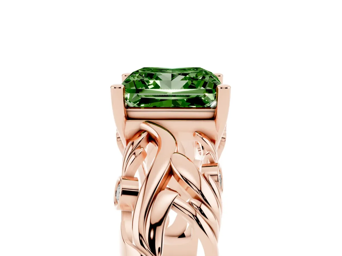 Fancy Green Princess Cut Solitaire Diamond Leaf-Inspired Vine Band Ring with Prong Setting Rose gold