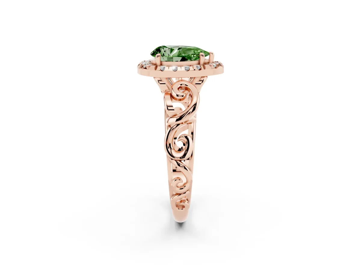 Fancy Green Pear Cut Cut Halo Diamond Ring with Scrollwork Band and Four-Prong Setting Rose gold