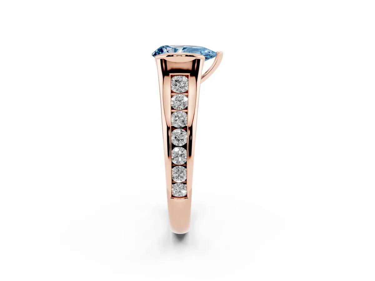 Fancy Blue Pear Cut Solitaire Bezel-Set Diamond Ring with Channel-Set Band Rose gold