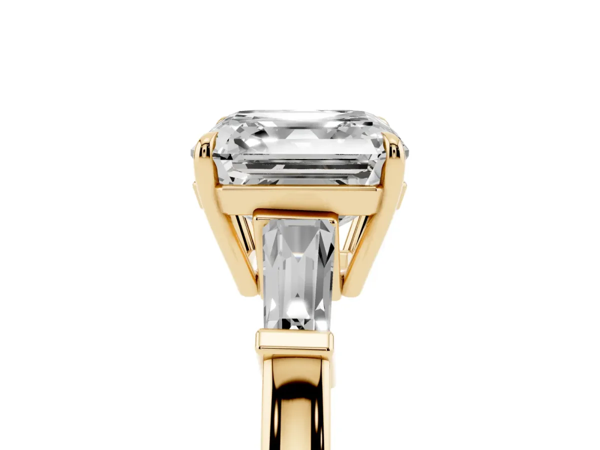 Asscher Cut Diamond Three-Stone Ring with Tapered Baguette Side Stones and Prong Setting Yellow gold