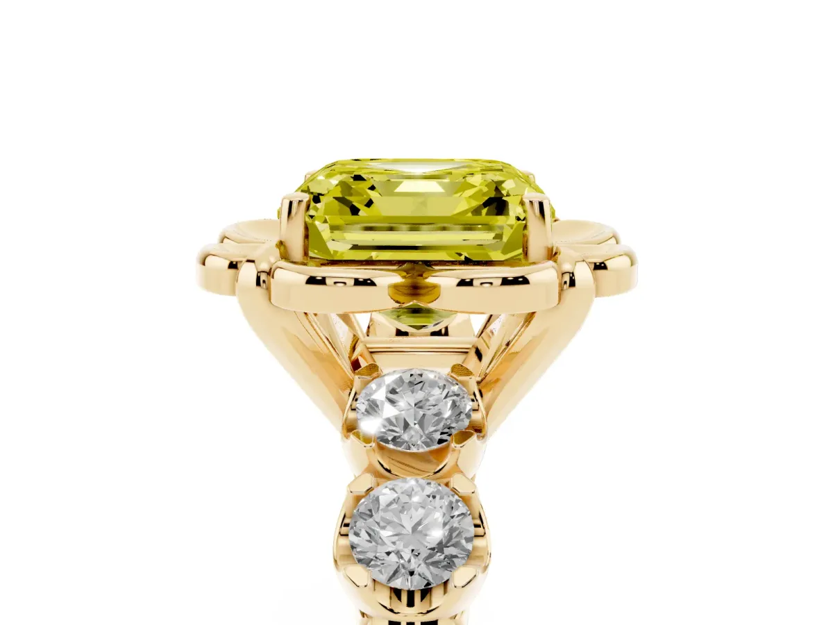 Fancy Yellow Asscher Cut Cut Diamond Floral Halo Engagement Ring with Shared Prong Setting Yellow gold