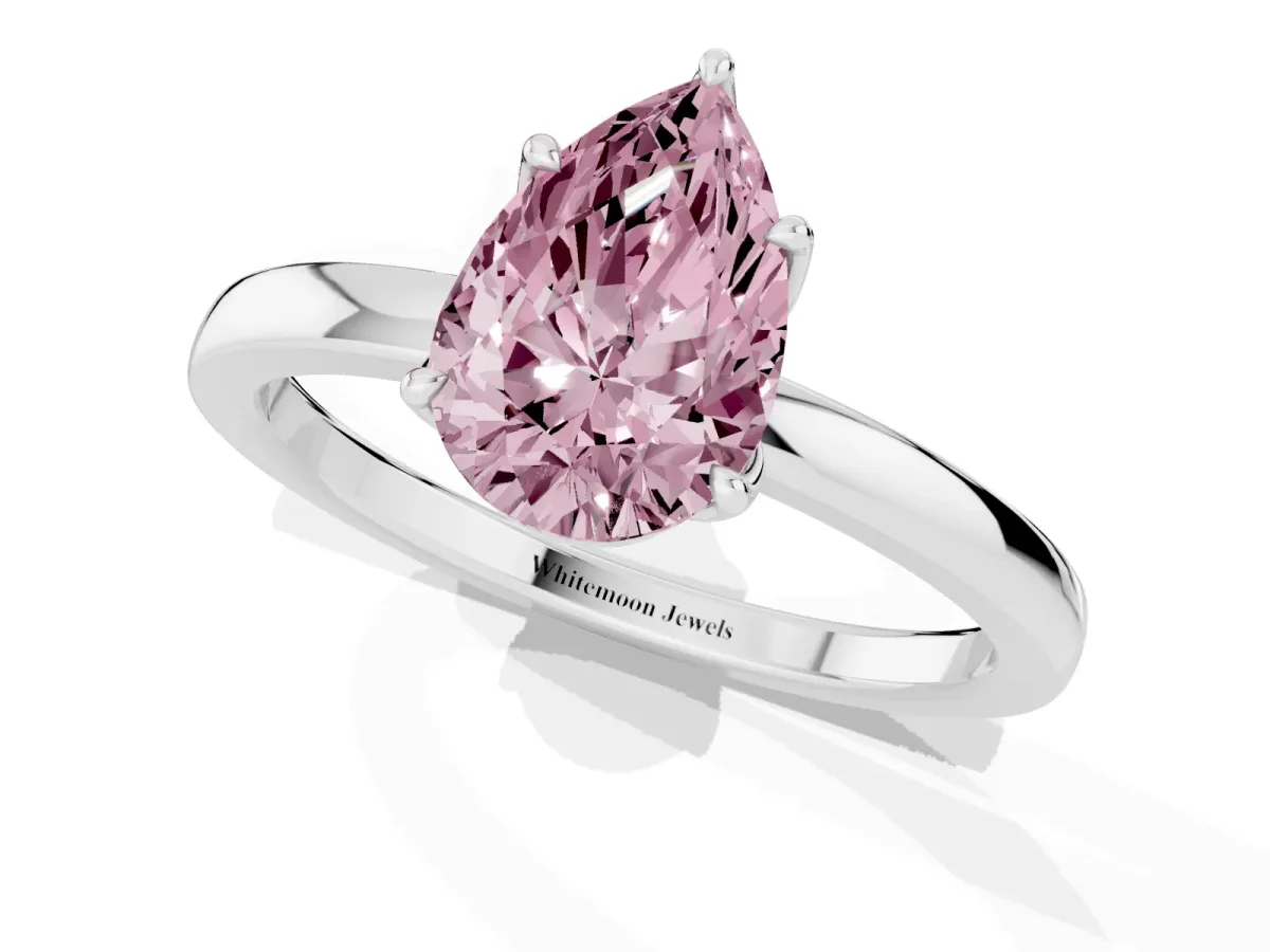 Fancy Pink Pear Cut Diamond Solitaire Ring with Thin Band and Prong Setting Silver