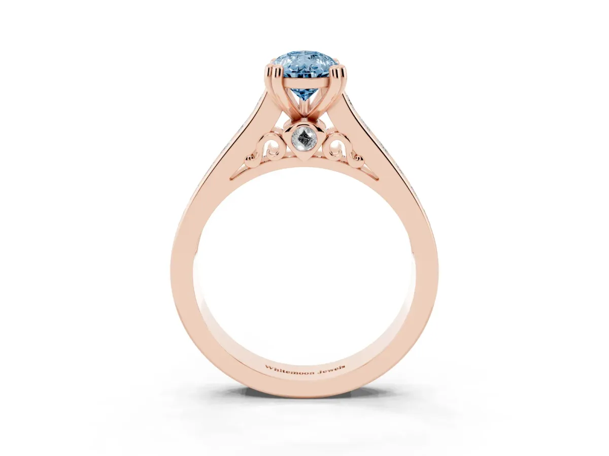 Fancy Blue Pear Cut Cut Channel Set Solitaire Engagement Ring with Prong Setting Rose gold