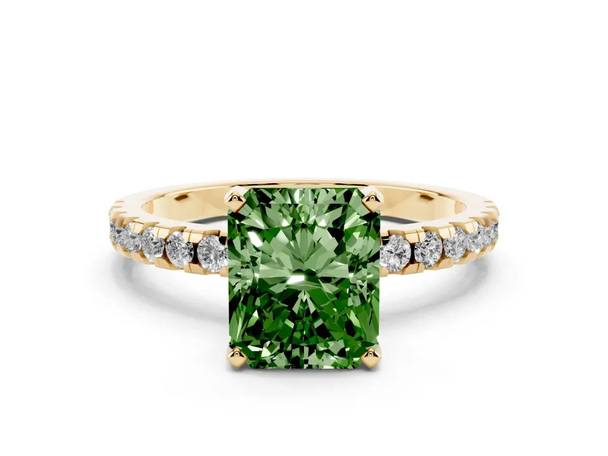 Fancy Green Radiant Cut Diamond Solitaire Ring with Round Pavé Band and Four-Prong Setting Yellow gold