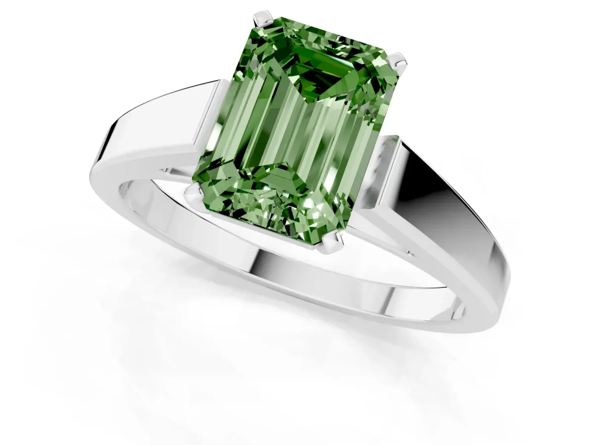 Fancy Green Emerald Cut Solitaire Engagement Ring with Four-Prong Setting and Tapered Band Silver