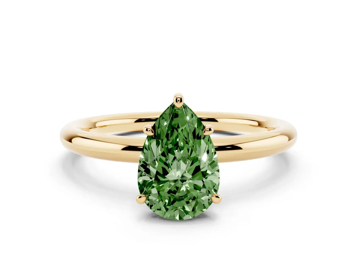Fancy Green Pear Cut Solitaire Diamond Ring with Four-Prong Setting on a Plain Band Yellow gold