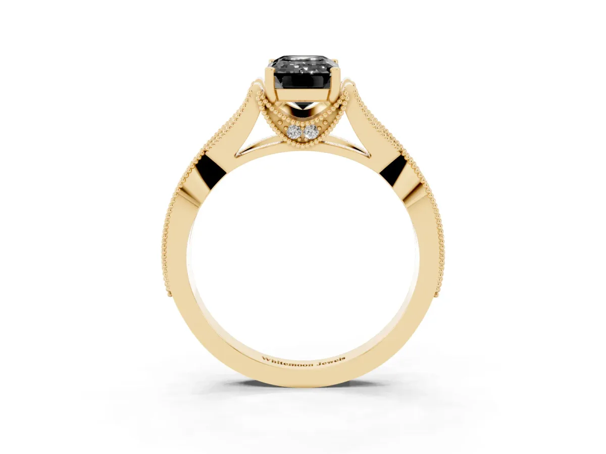 Fancy Black Emerald Cut Cut Diamond Twisted Band with Milgrain Pave Setting and Four-Prong Setting Yellow gold