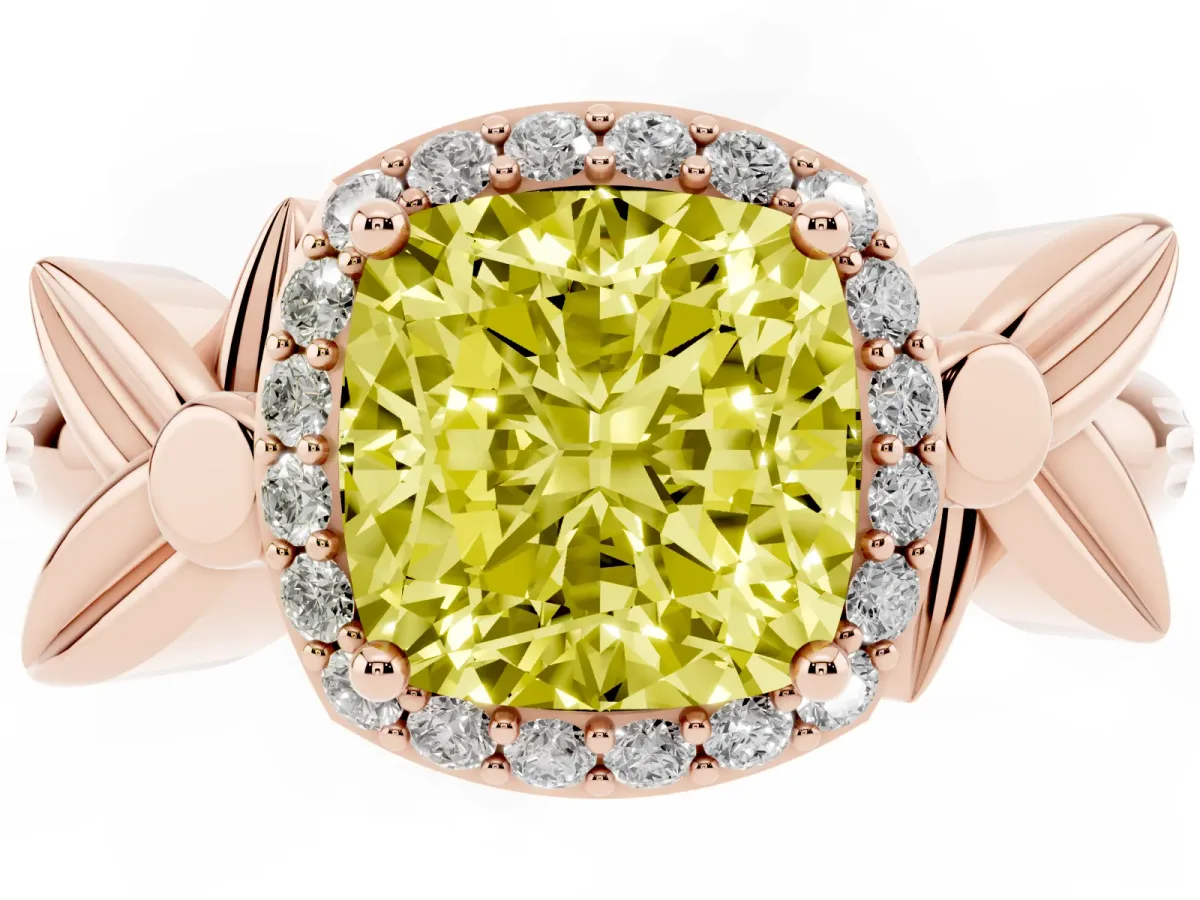 Fancy Yellow Cushion Cut Halo Diamond Floral Band with Four-Prong Setting Rose gold