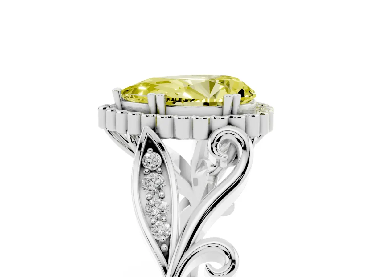 Fancy Yellow Pear Cut Diamond Halo Ring with Vintage Split Shank and Four-Prong Setting Silver