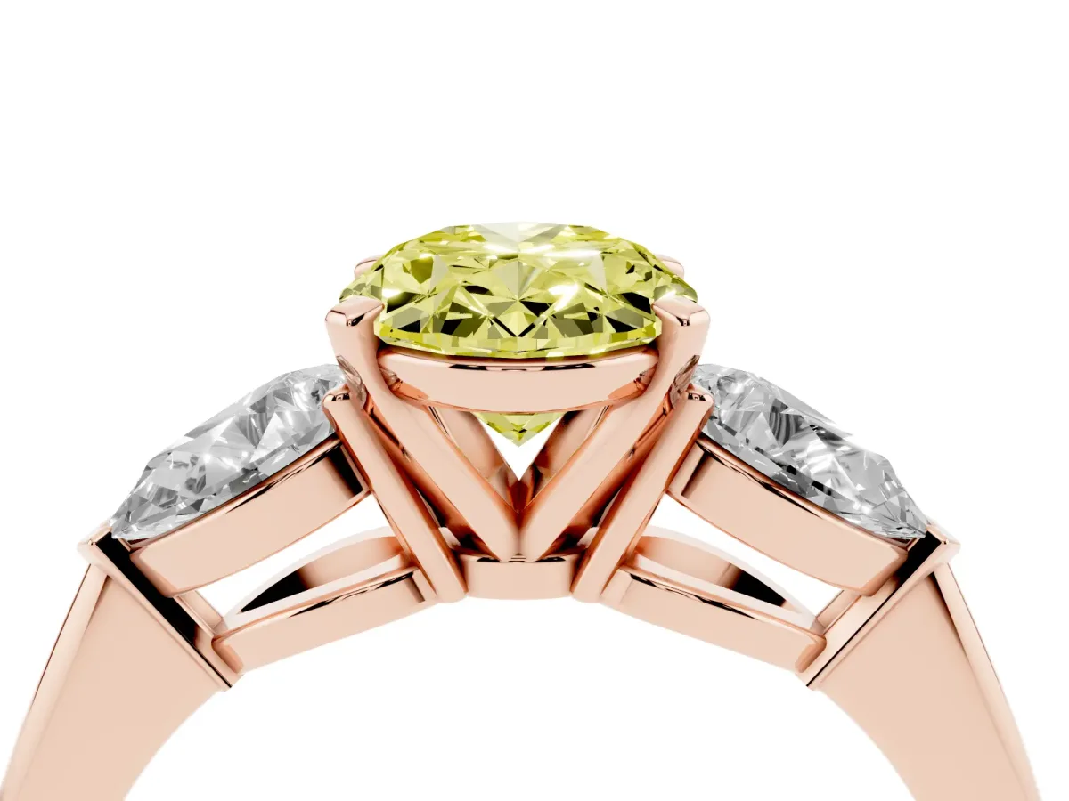 Fancy Yellow Three-Stone Oval Cut Diamond Ring with Pear Side Stones and Four-Prong Setting Rose gold