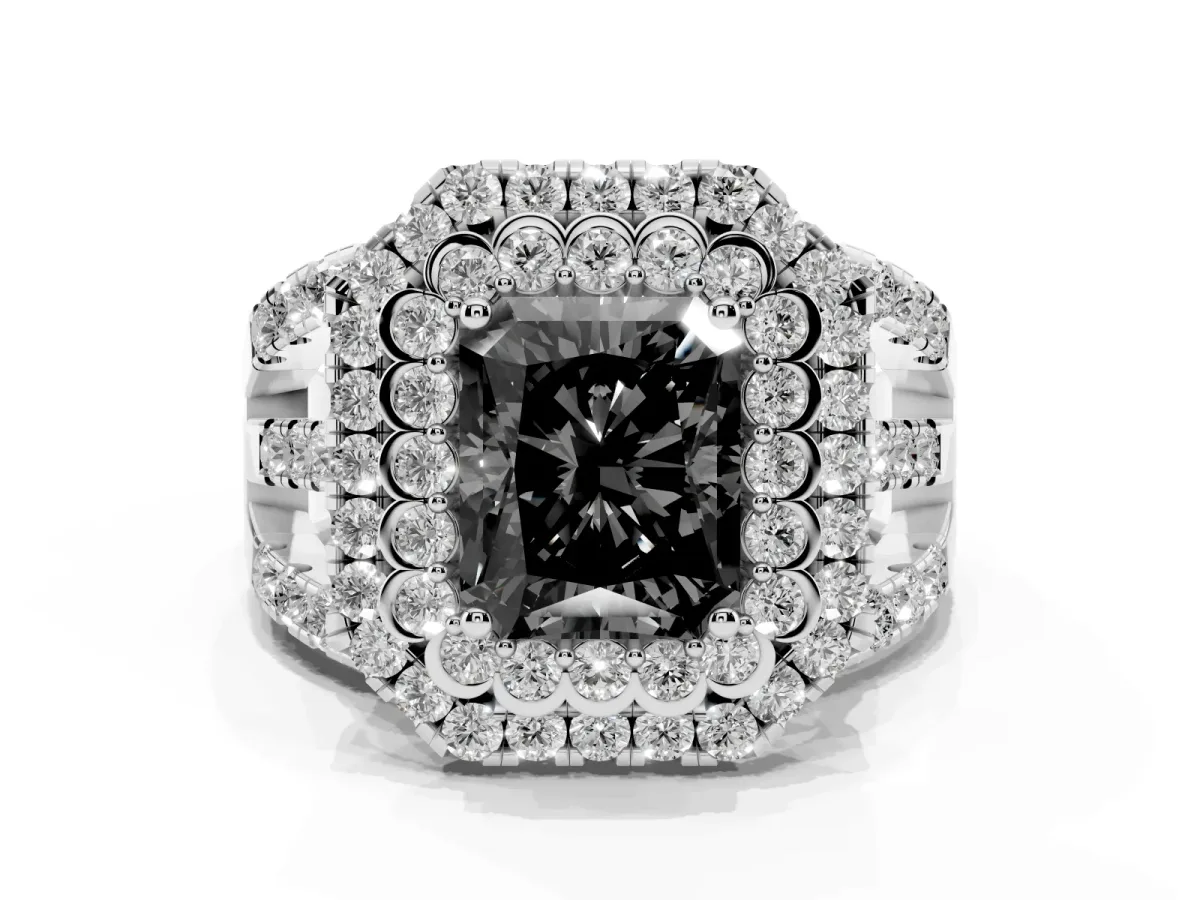 Fancy Black Radiant Cut Diamond Double Halo Ring with Round Pavé Split Shank and Prong Setting Silver