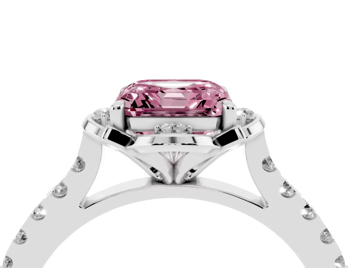 Fancy Pink Asscher Cut Diamond Ring with Pavé Band and Floral Prong Setting Silver
