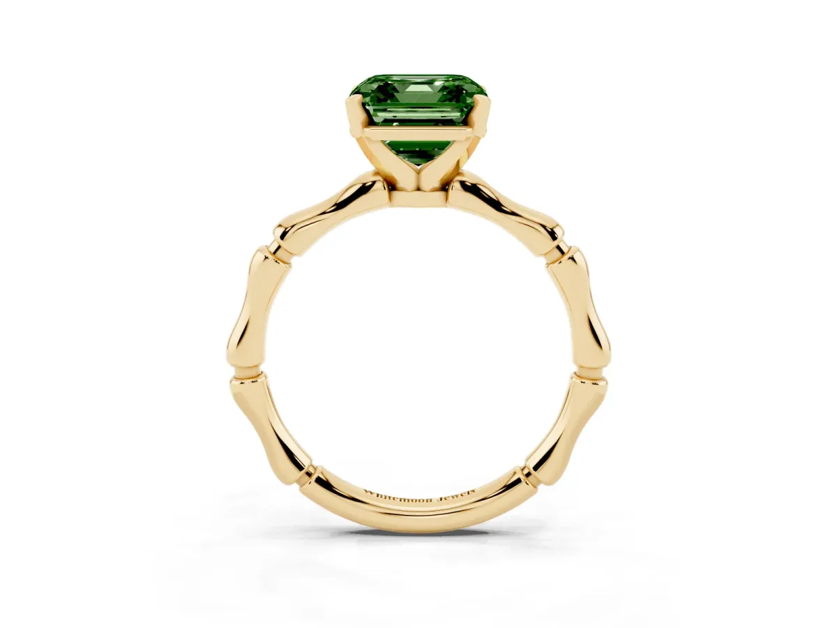 Fancy Green Asscher Cut Solitaire Diamond Ring with Bamboo Band and Four-Prong Setting Yellow gold