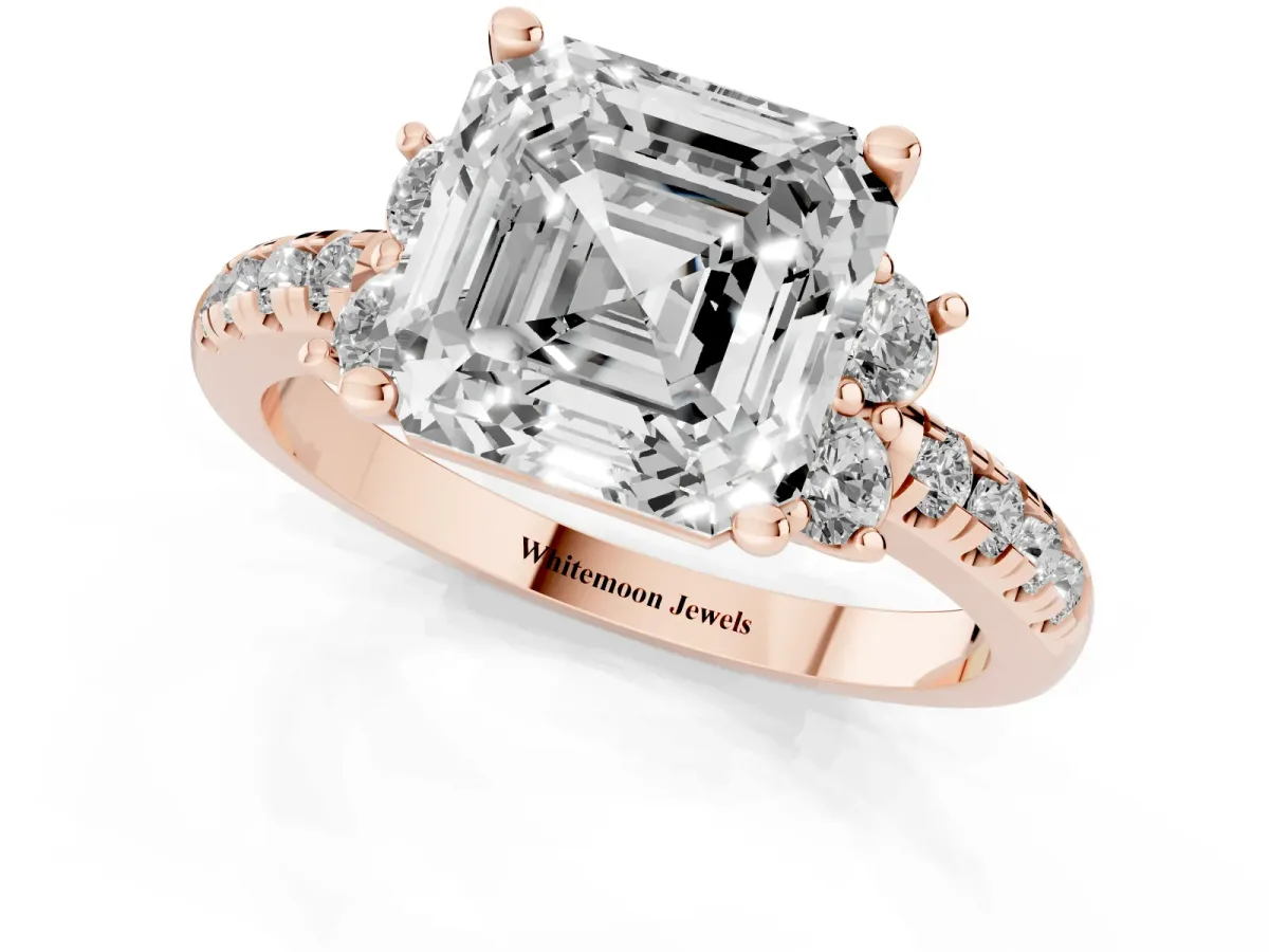Asscher Cut Diamond Three-Stone Pave Band with Four-Prong Setting Rose gold