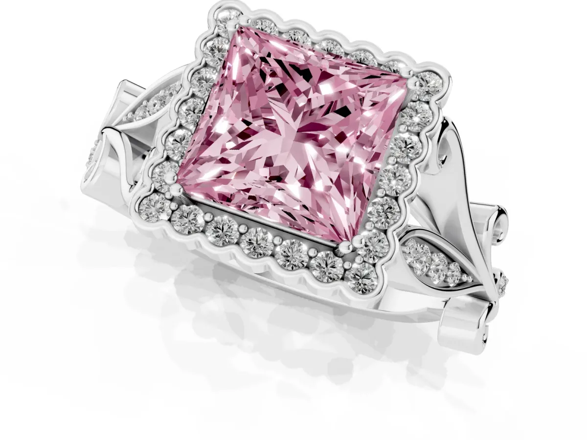 Fancy Pink Princess Cut Diamond Halo Ring with Vintage Split Shank and Four-Prong Setting Silver