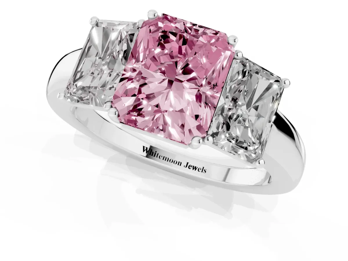 Fancy Pink Radiant Cut Diamond Three-Stone Ring with Four-Prong Setting and Classic Band Silver