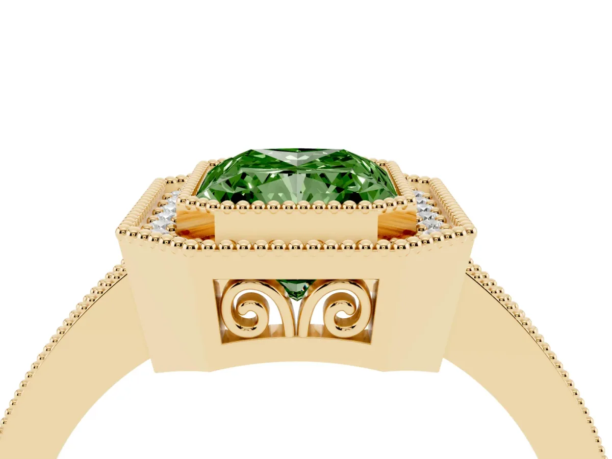Fancy Green Radiant Cut Cut Halo Diamond Ring with Pavé Band and Milgrain Prong Setting Yellow gold