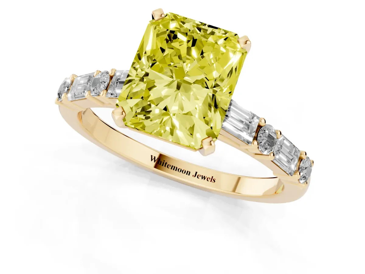 Fancy Yellow Radiant Cut Diamond Solitaire with Side Baguettes and Channel Set Band Yellow gold