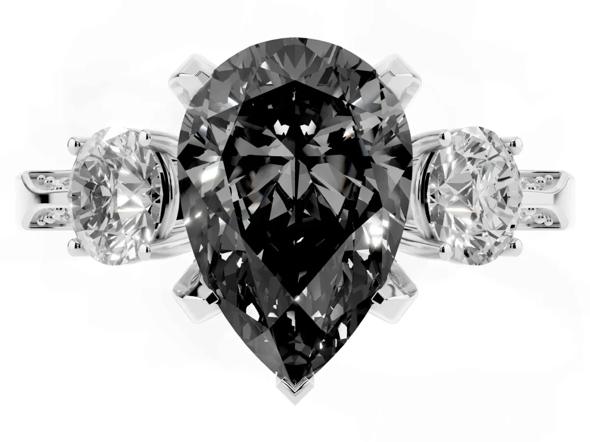 Fancy Black Pear Cut Brilliant Three-Stone Diamond Ring with Pavé Band and Four-Prong Setting Platinum