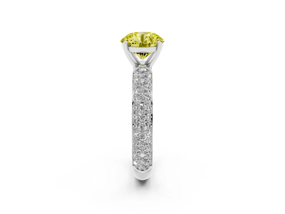 Fancy Yellow Round Cut Diamond Solitaire Ring with Prong Setting and Pavé Band Silver