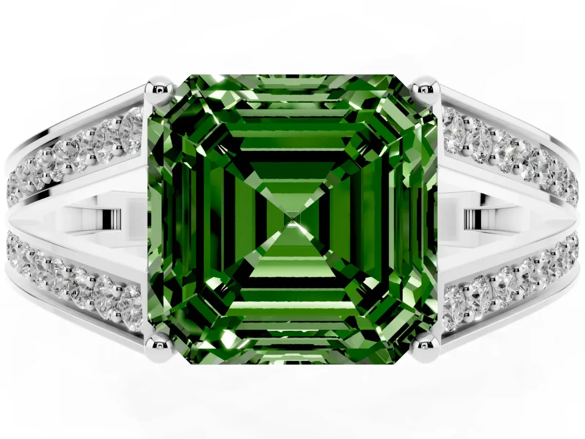 Fancy Green Asscher Cut Diamond Split Shank Ring with Pavé Band and Four-Prong Setting Silver
