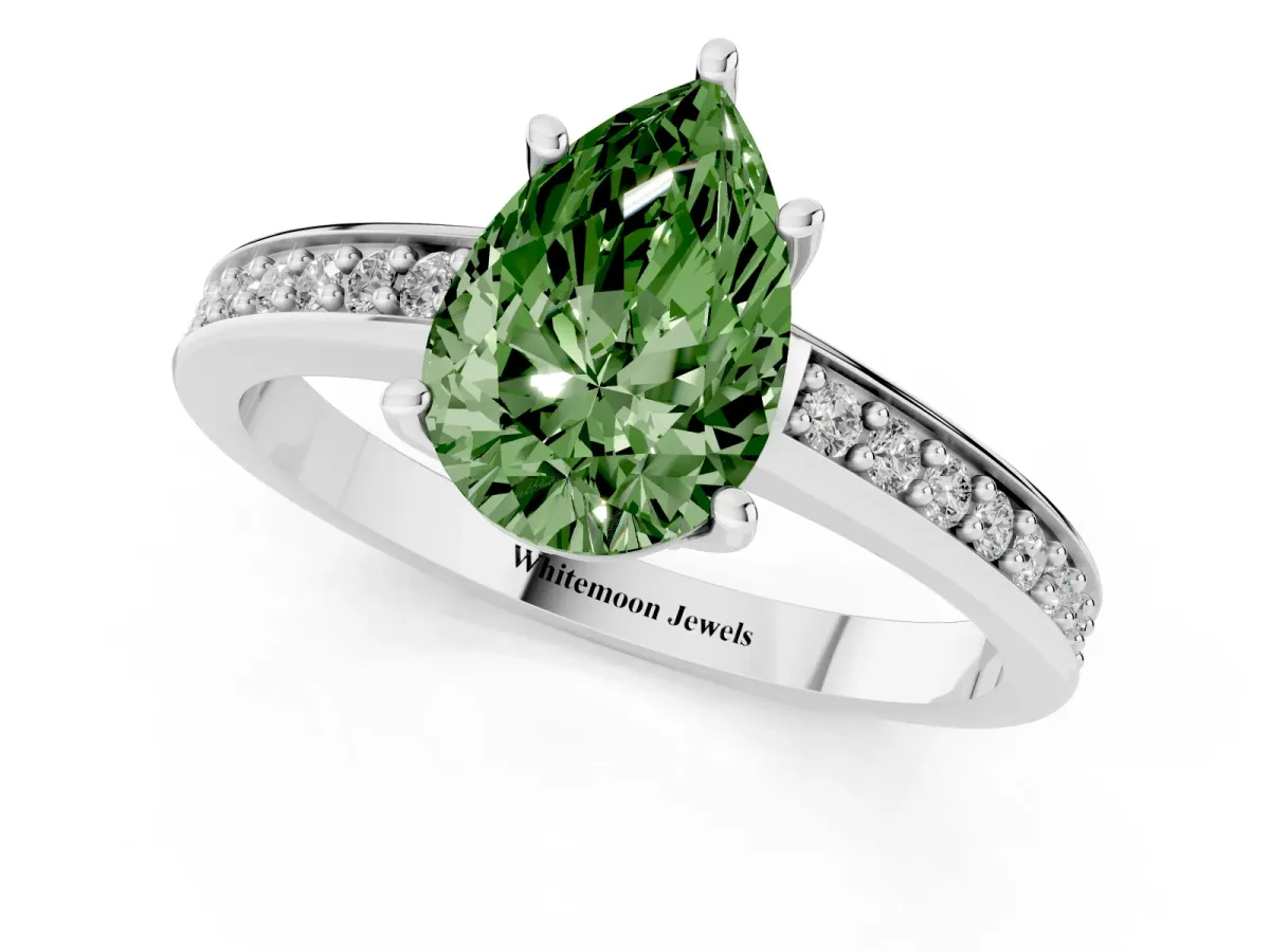 Fancy Green Pear Cut Solitaire Pavé Band Prong Setting Ring Silver
