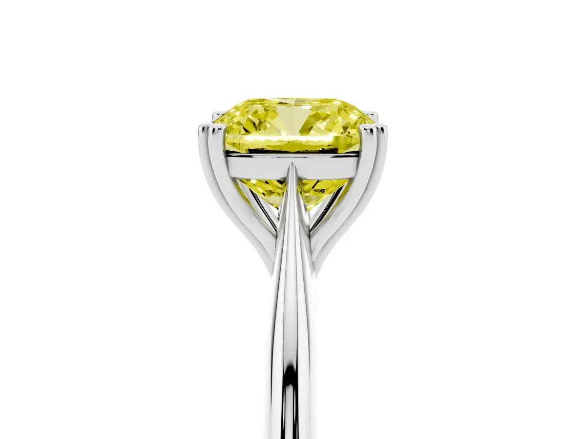 Fancy Yellow Cushion Cut Solitaire Diamond Ring with Six-Prong Setting and Classic Band Silver