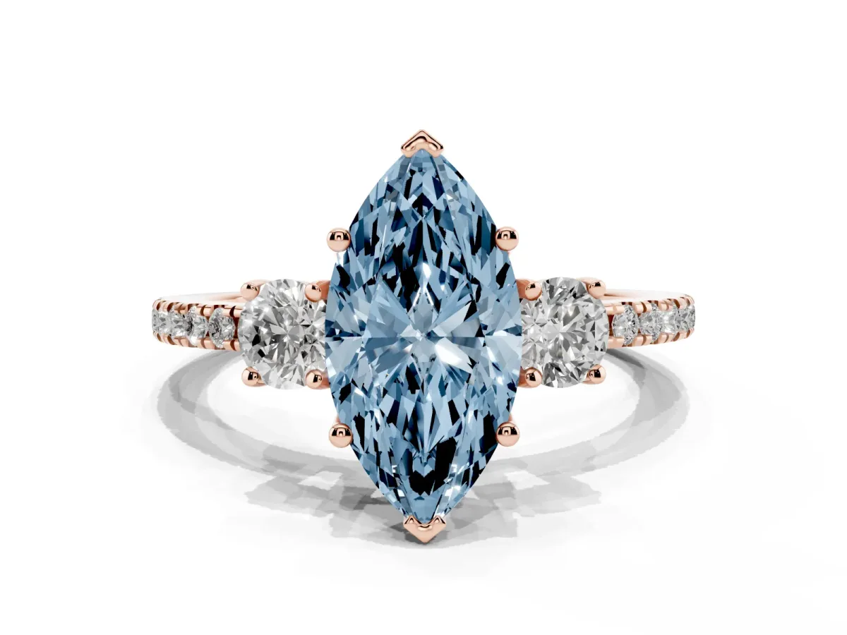 Fancy Blue Three-Stone Marquise Cut Cut Diamond Pavé Band with Prong Setting Rose gold