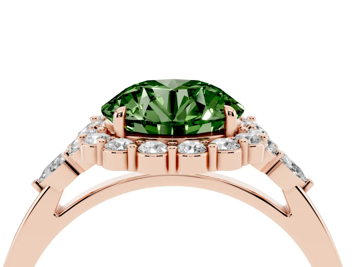 Fancy Green Round Cut Diamond Halo Ring with Pear Side Stones and Prong Setting Rose gold