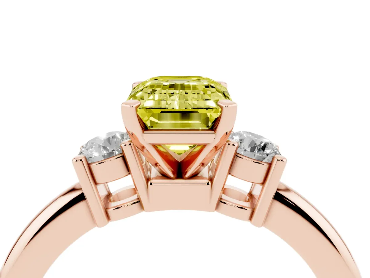 Fancy Yellow Three-Stone Emerald Cut Cut Diamond Solitaire with Prong Setting and Classic Band Rose gold