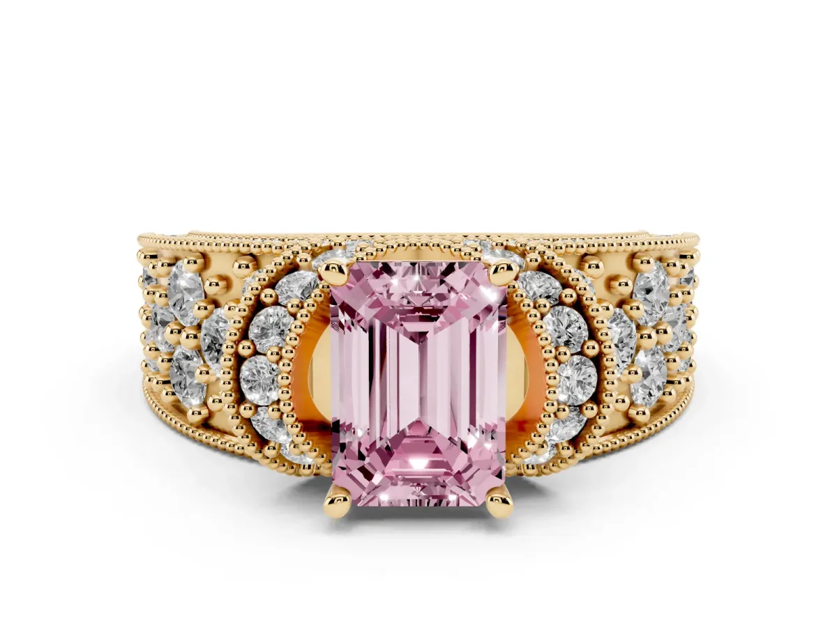 Fancy Pink Emerald Cut Halo Pave Diamond Engagement Ring with Milgrain Detailing Yellow gold