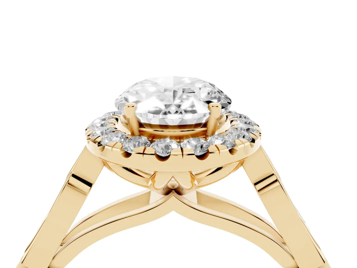 Oval Cut Halo Diamond Engagement Ring with Filigree Band and Four-Prong Setting Yellow gold