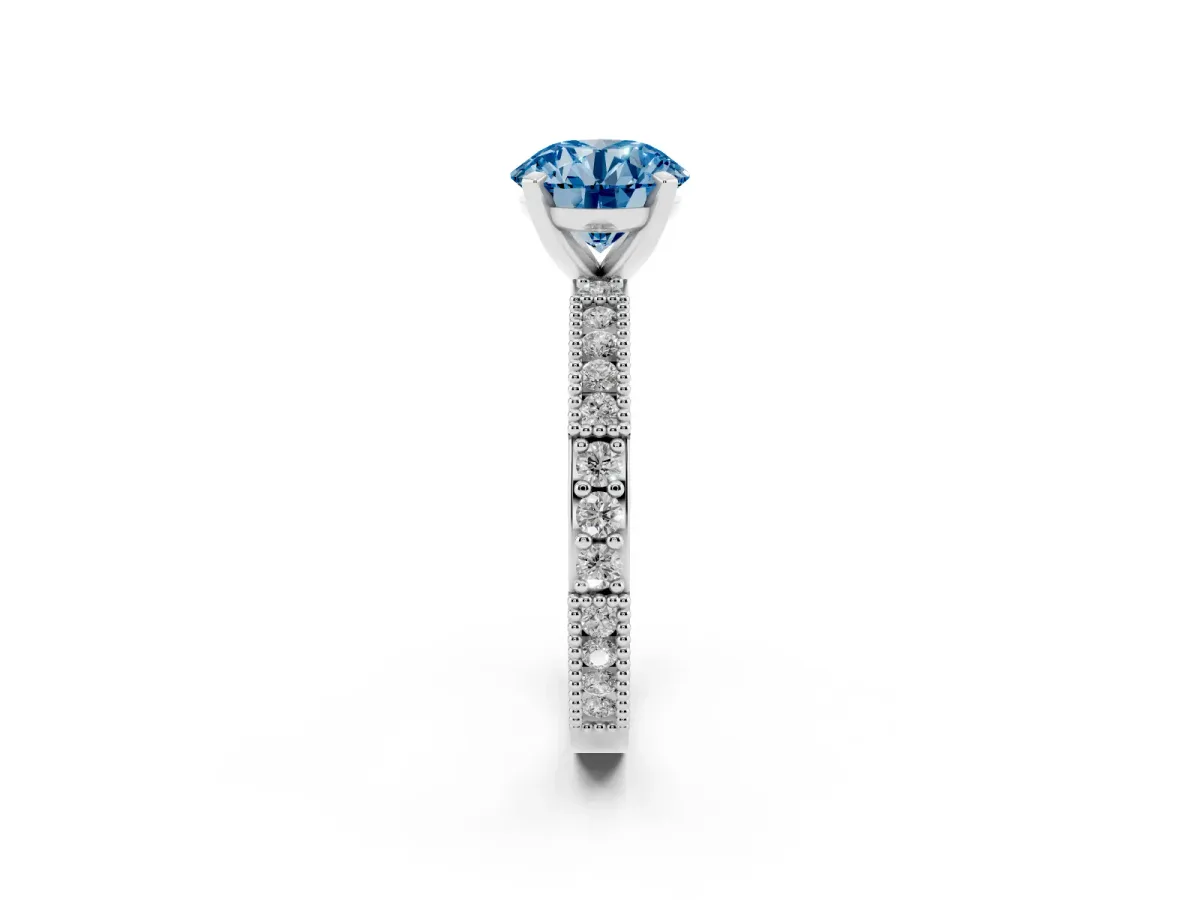 Fancy Blue Round Cut Solitaire with Pavé Band and Four-Prong Setting Platinum
