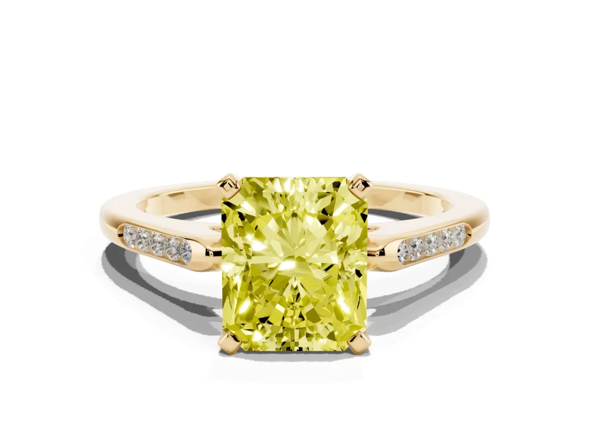Fancy Yellow Radiant Cut Diamond Solitaire Ring with Channel Set Round Band and Prong Setting Yellow gold