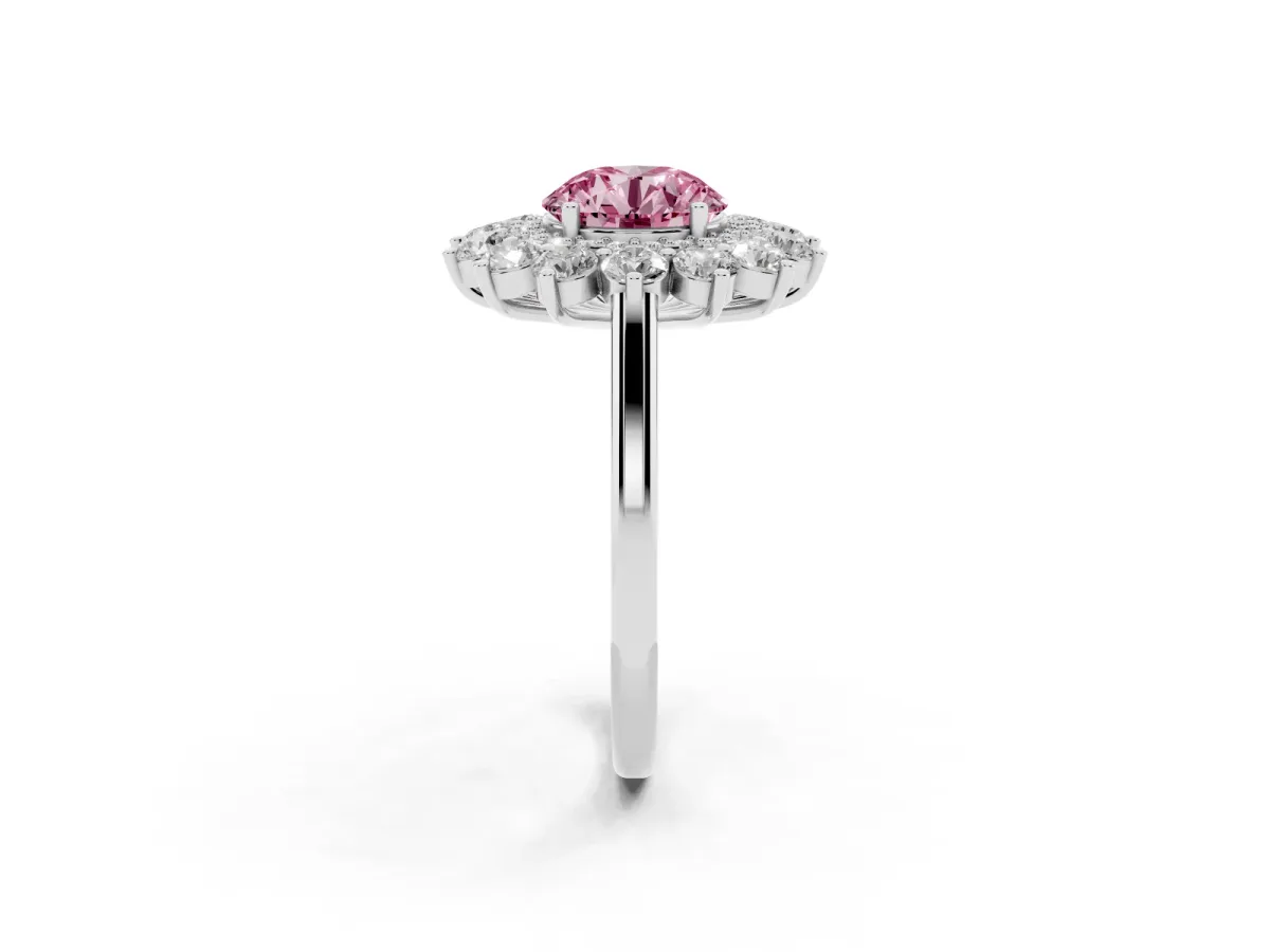 Fancy Pink Round Cut Diamond Floral Double Halo Engagement Ring with Prong Setting Silver