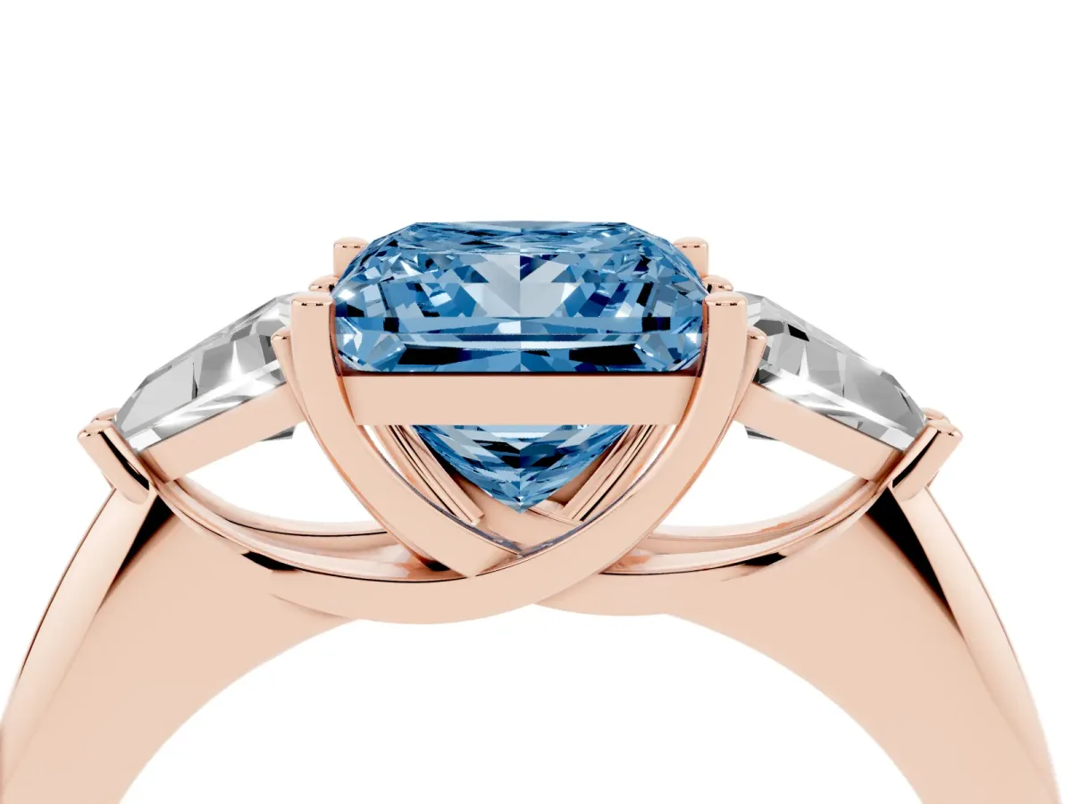 Fancy Blue Three-Stone Princess Cut Diamond Engagement Ring with Trillion Side Stones and Prong Setting Rose gold