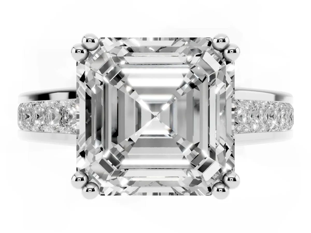 Asscher Cut Cut Channel Set Solitaire Engagement Ring with Prong Setting Silver