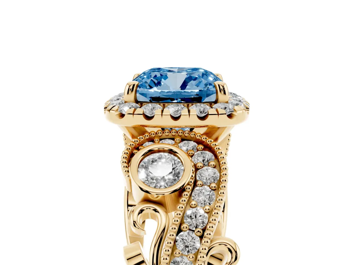 Fancy Blue Cushion Cut Diamond Halo Ring with Milgrain Pavé Band and Four-Prong Setting Yellow gold