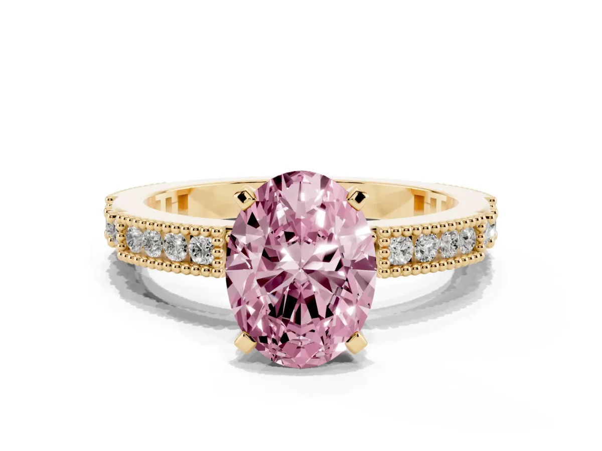 Fancy Pink Oval Cut Solitaire with Pavé Band and Four-Prong Setting Yellow gold