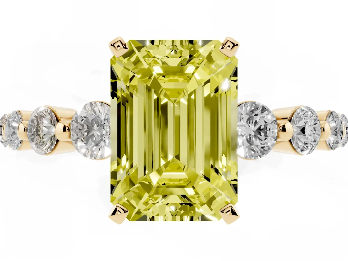 Fancy Yellow Emerald Cut Solitaire Diamond Ring with Pave Band and Four-Prong Setting Yellow gold