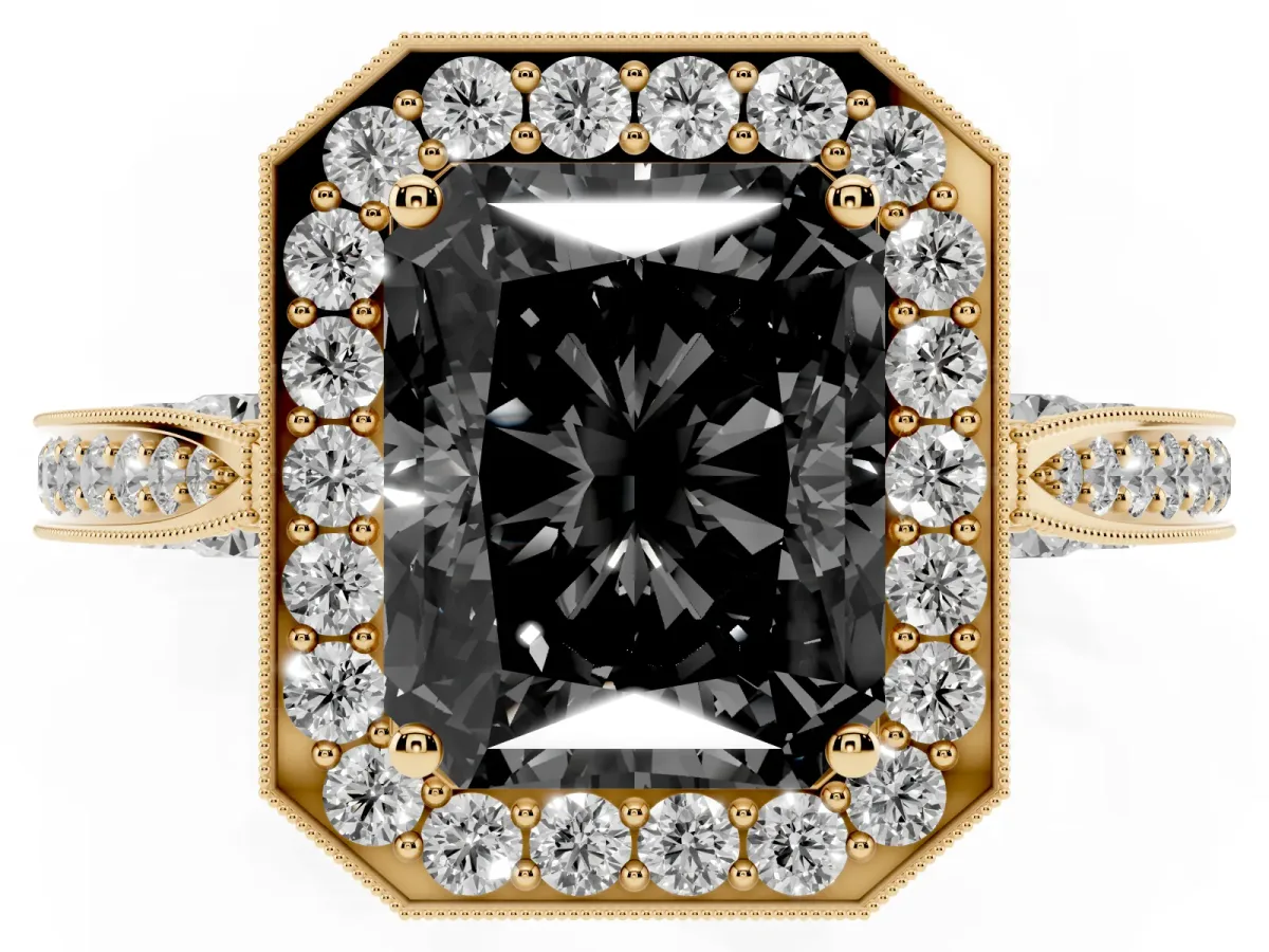 Fancy Black Radiant Cut Halo Diamond Engagement Ring with Split Shank Band and Four-Prong Setting Yellow gold