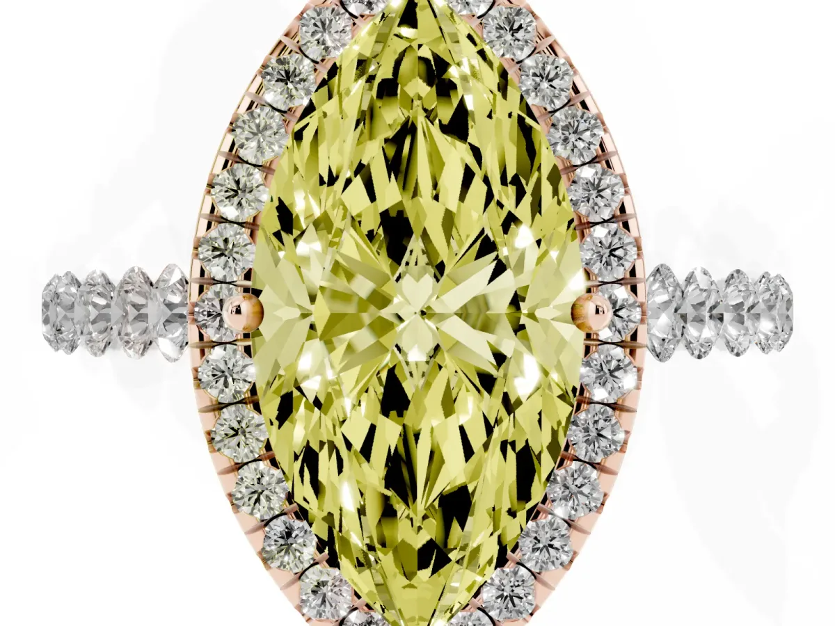 Fancy Yellow Marquise Cut Halo Pavé Diamond Engagement Ring with Four-Prong Setting Rose gold