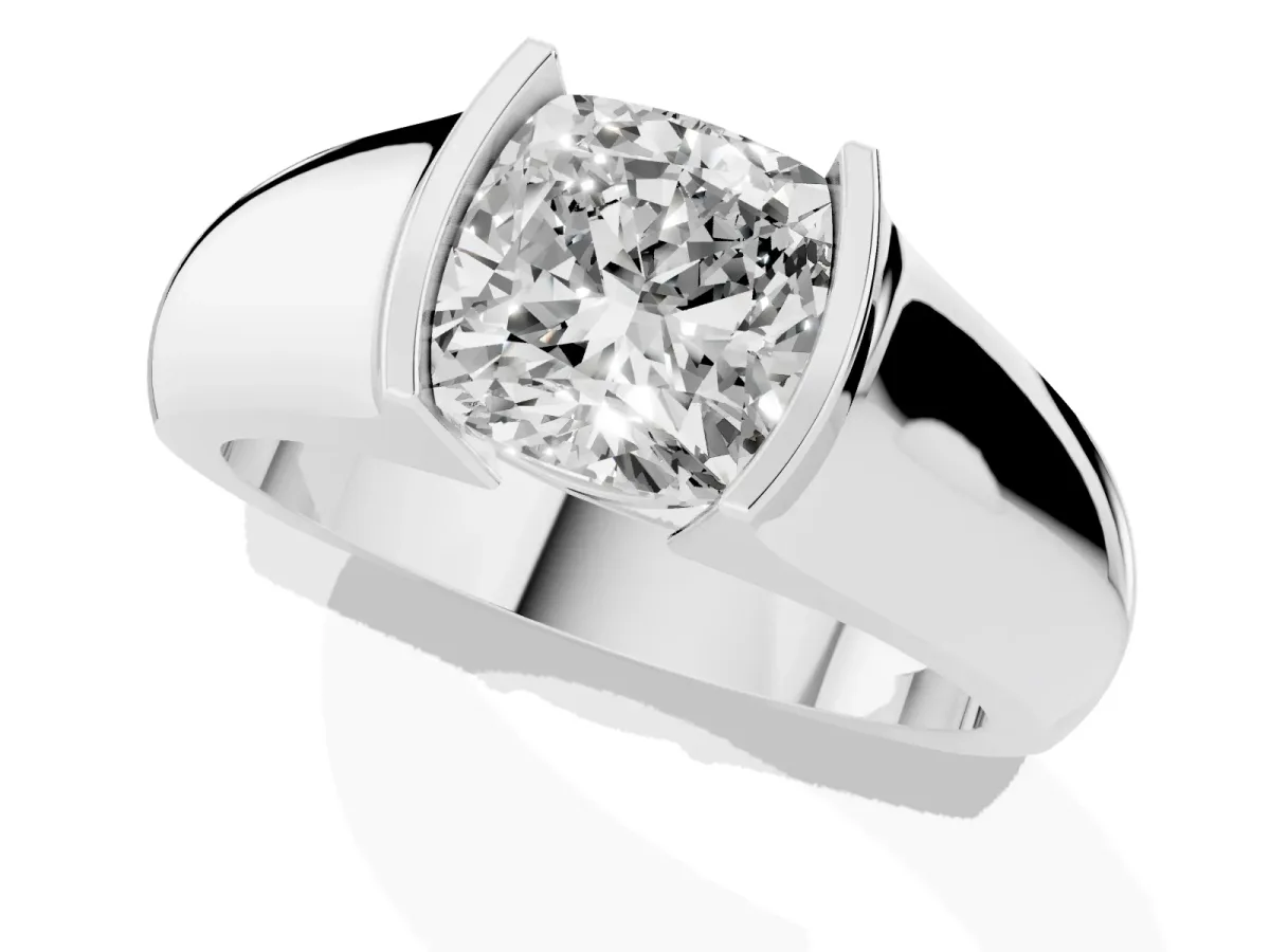 Cushion Cut Solitaire Bezel Set Diamond Ring with Wide Band Platinum