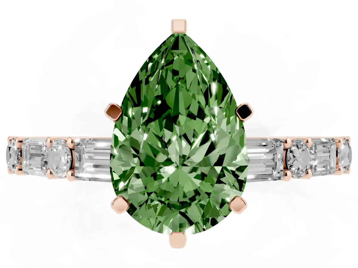 Fancy Green Pear Cut Diamond Solitaire with Side Baguettes and Channel Set Band Rose gold