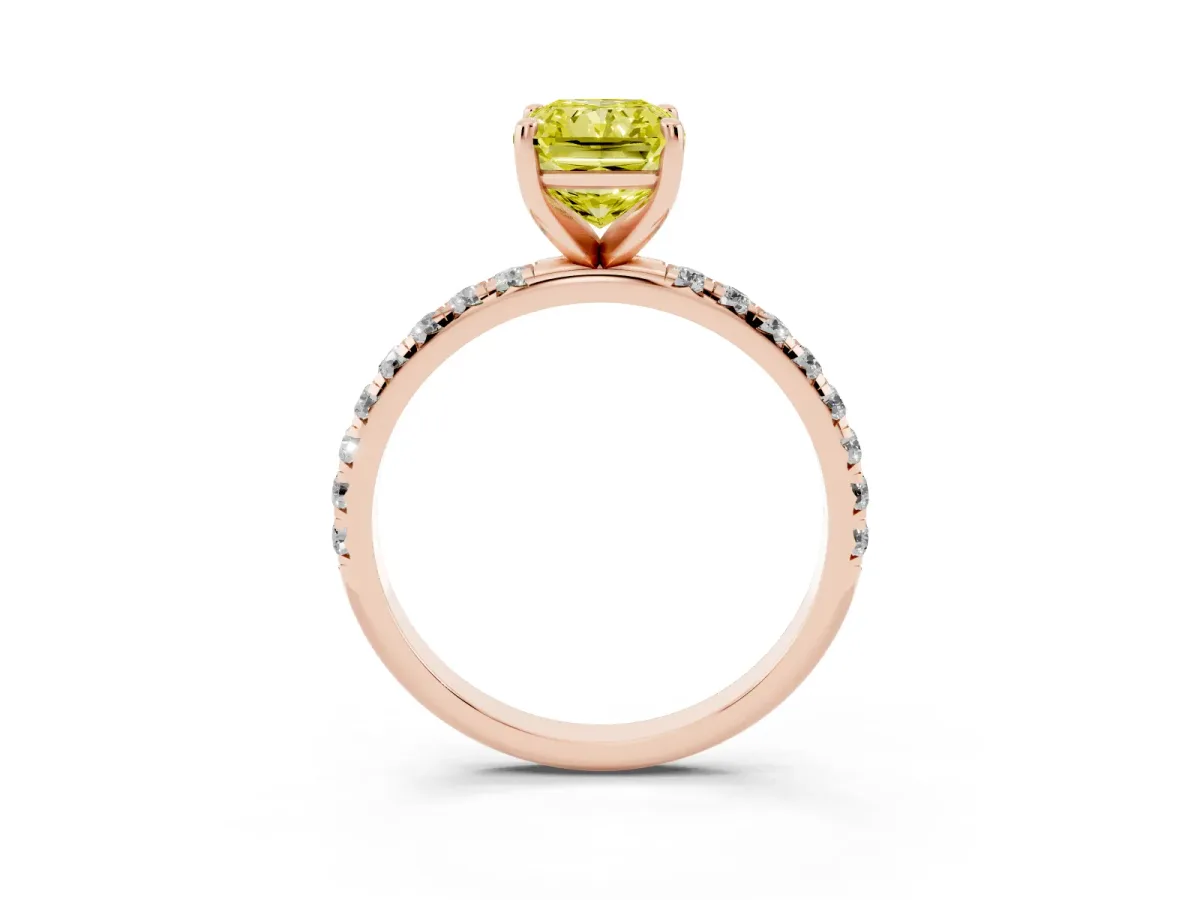 Fancy Yellow Radiant Cut Cut Diamond Solitaire Ring with Micro Pave Band and Four Prong Setting Rose gold
