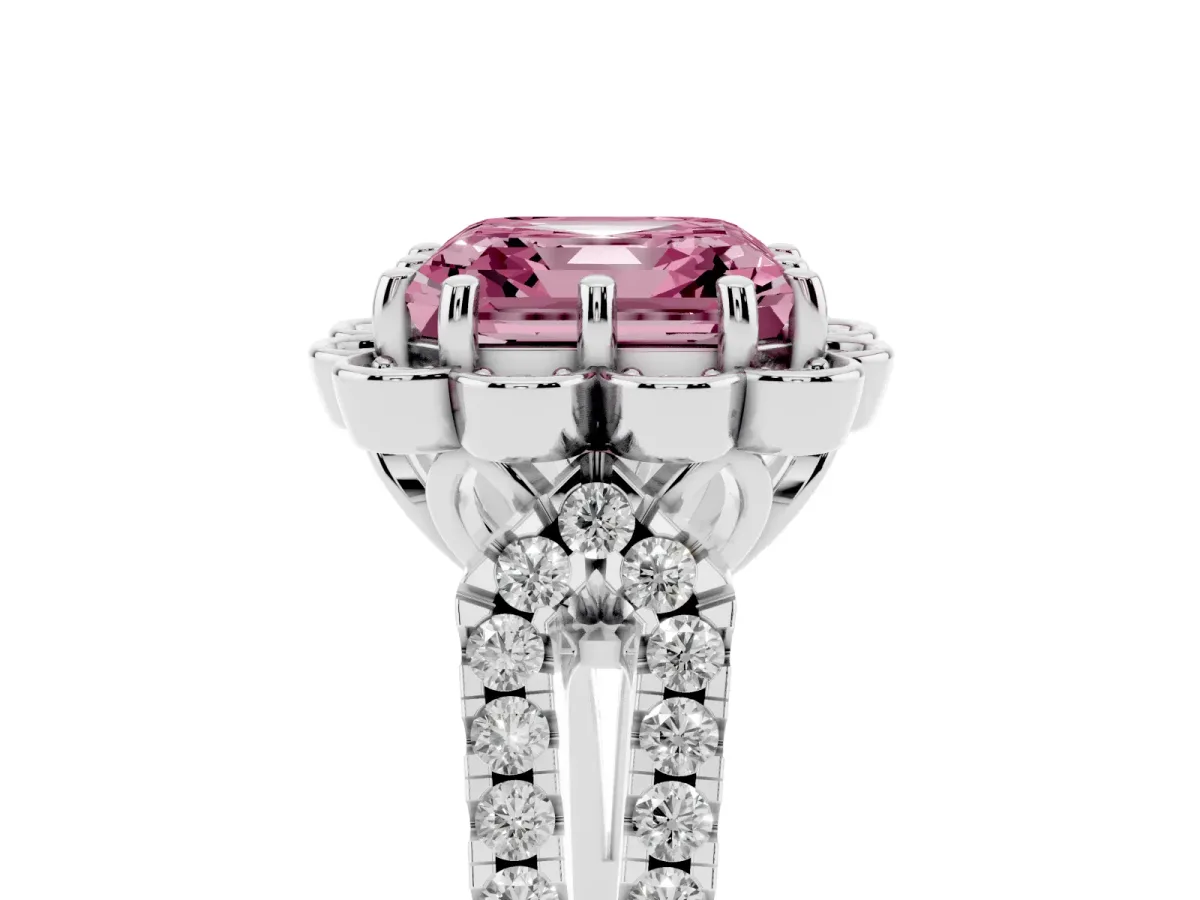 Fancy Pink Asscher Cut Halo Diamond Floral Split Shank Engagement Ring Silver