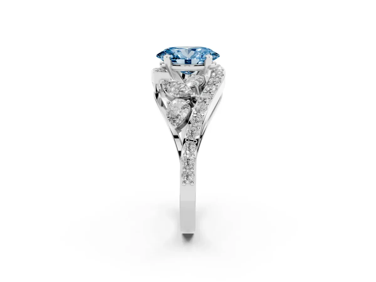Fancy Blue Oval Cut Diamond Halo Ring with Marquise and Pavé Band in Prong Setting White gold